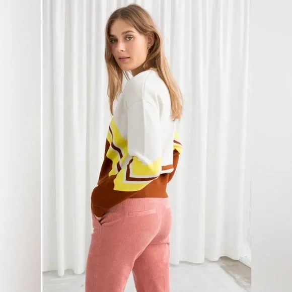 & Other Stories White Yellow Brown Varsity Knit Sweater Large - Picture 2 of 11